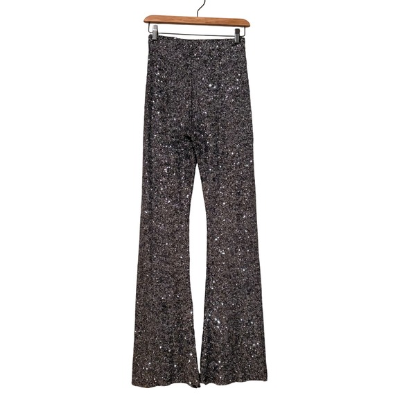 Zara Womens Dark Silver Sequin Flare Stretch Pants Sparkly Glitter Party SZ S - Picture 3 of 16